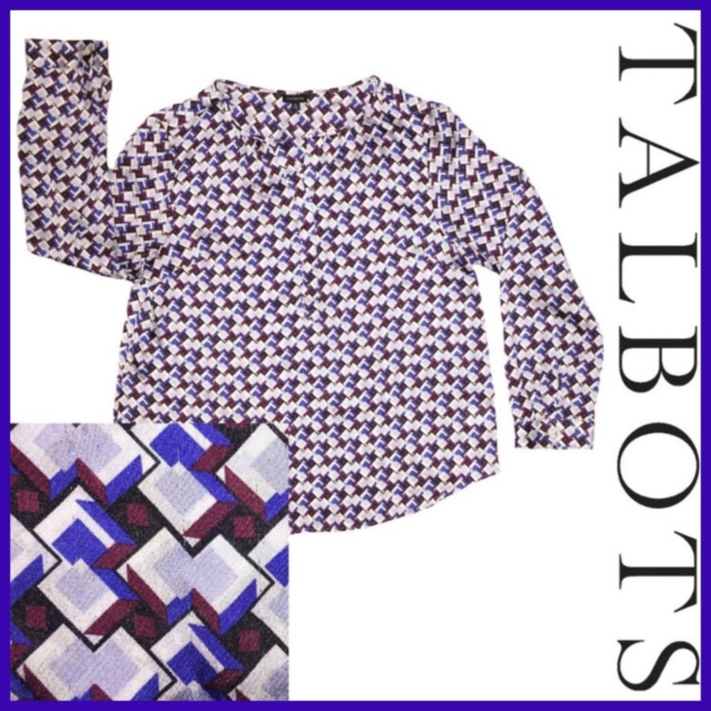 Talbots Popover Tunic Longsleeve Blouse Pattern Burgundy Maroon Blue XL